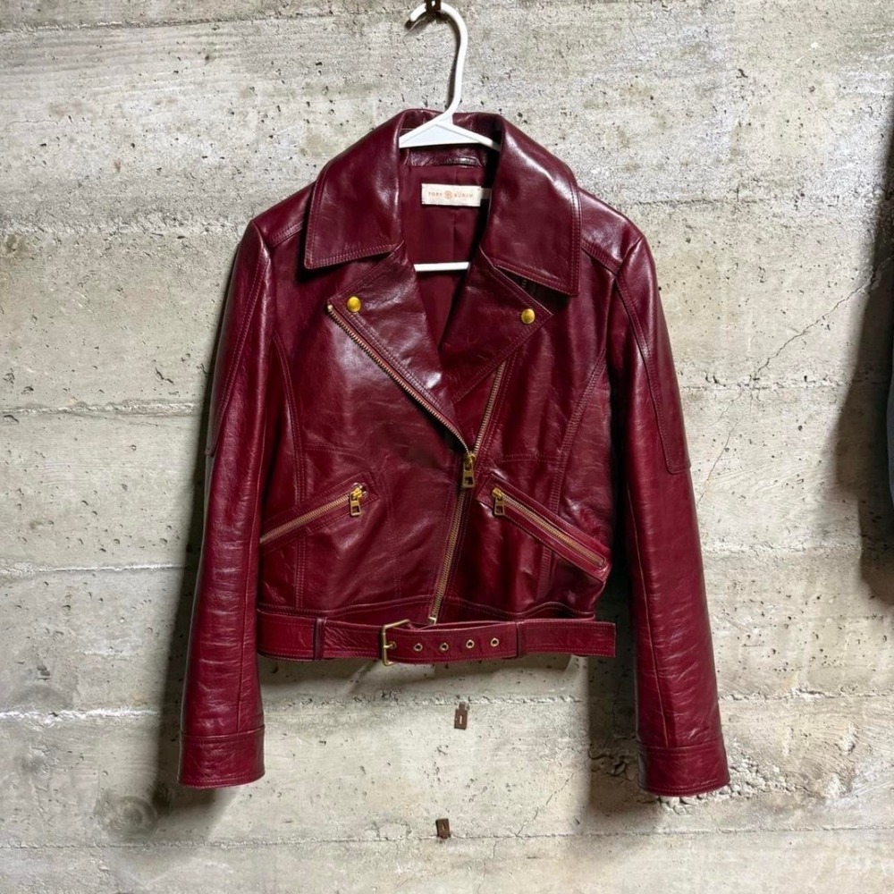 Tory Burch Burgundy Cow Leather Moto Jacket Gold Hardware Cropped XS 4 43384